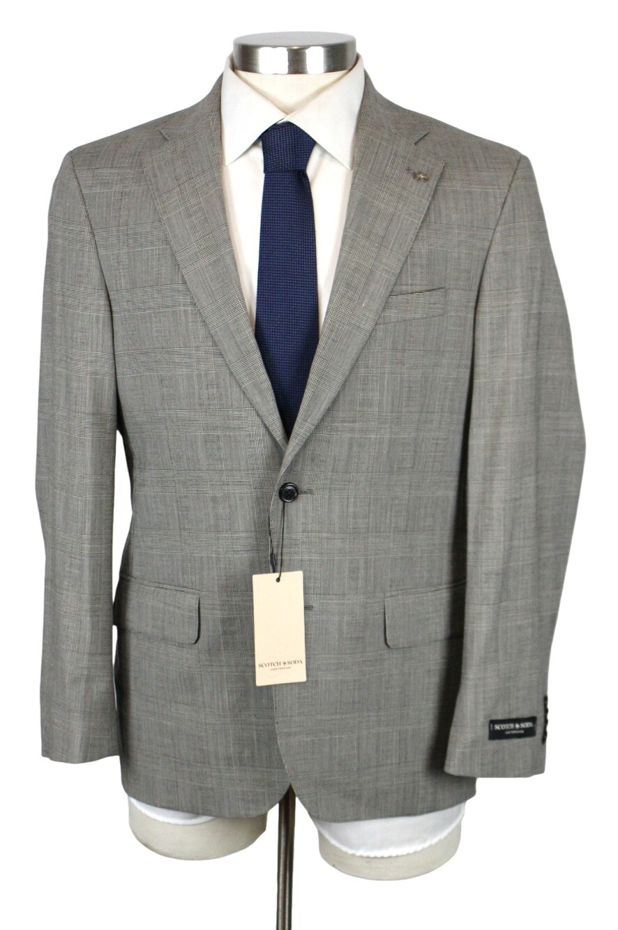 Scotch & Soda Suit 36 R Mens Grey Plaid Wool Stretch Contemporary Fit 2 Piece